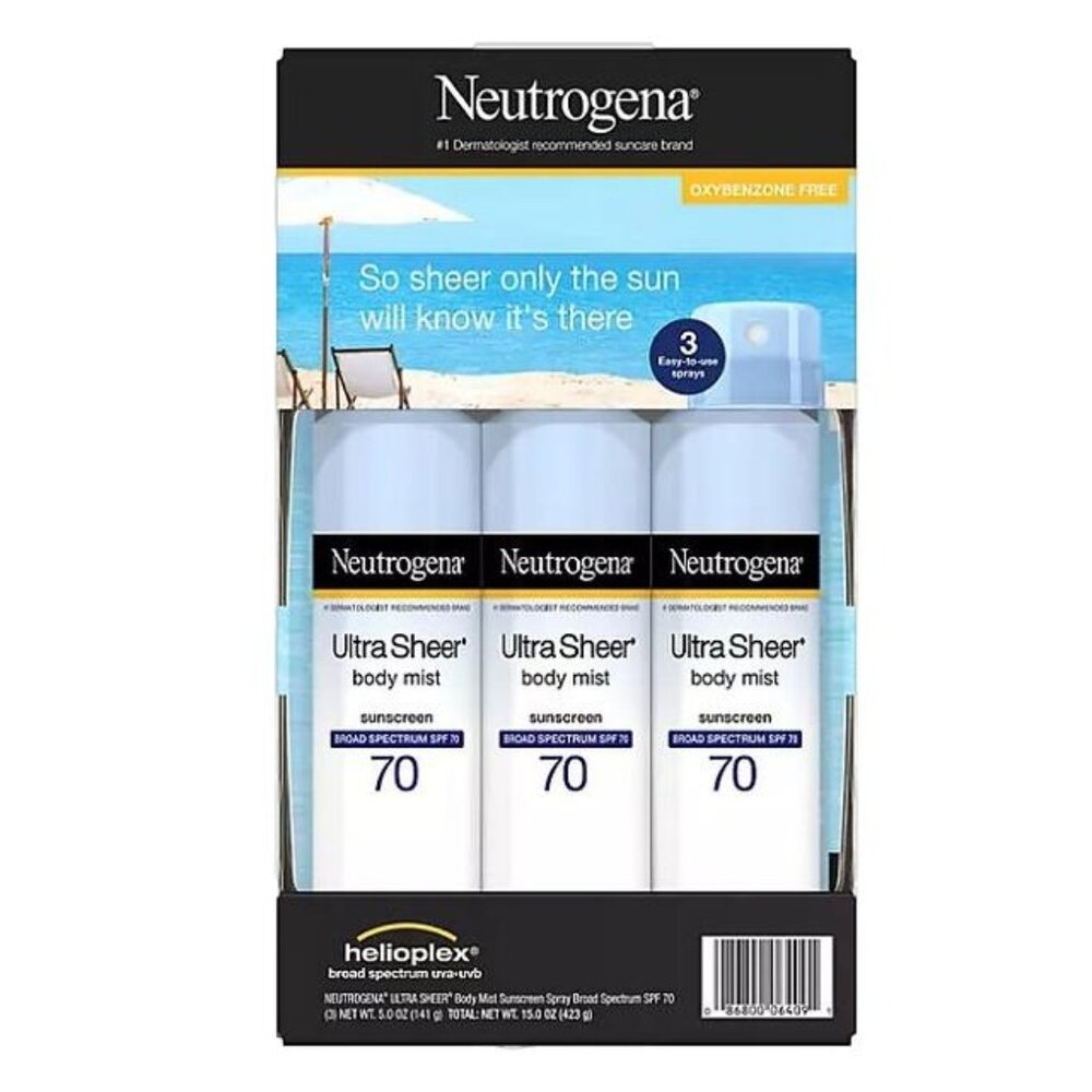 3 pk Neutrogena Ultra Sheer Body Mist Sunscreen Spray 5 oz ea SPF 70 UVA UVB NEW